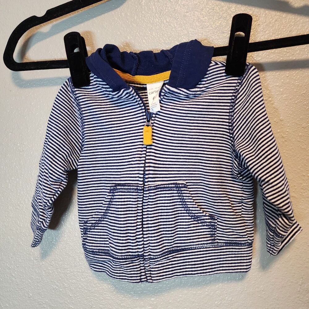 Carters Baby 6 Months Navy Blue White Striped Full Zip Hooded Sweatshirt Jacket